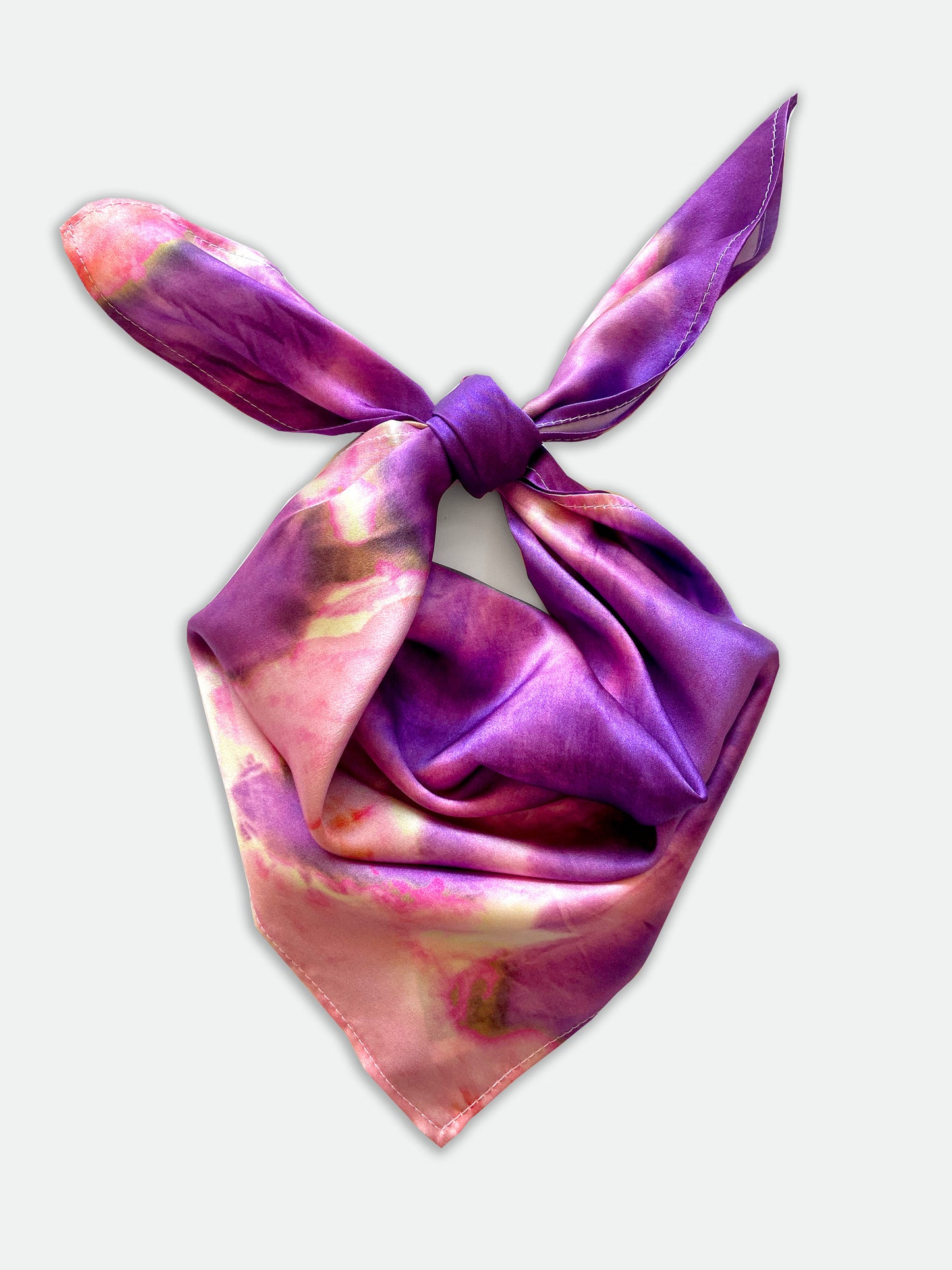 Tie Dye Printed Satin Silk Bandana in Purple & Hot PInk