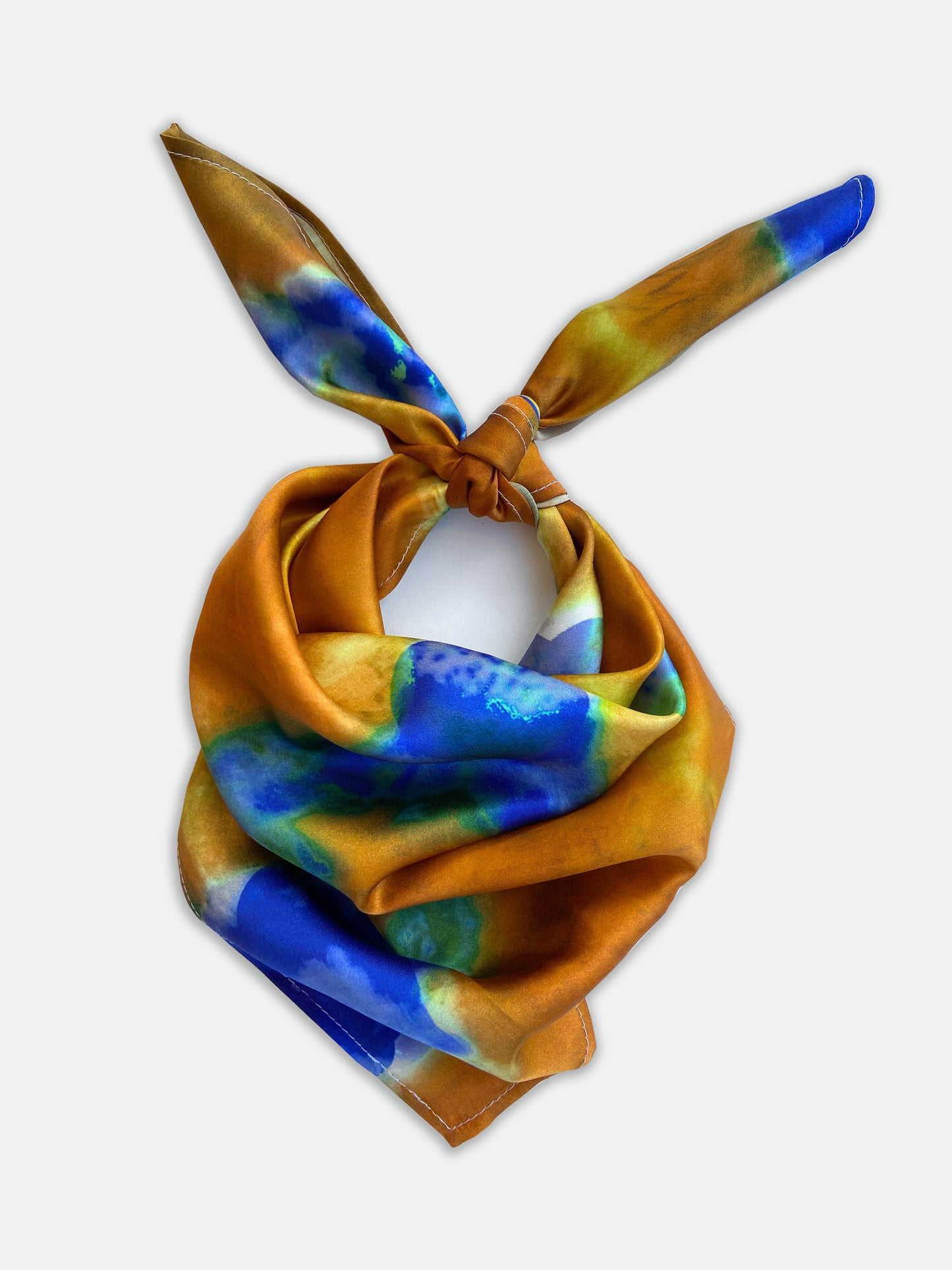 Tie Dye Printed Satin Silk Bandana in Safran & Blue