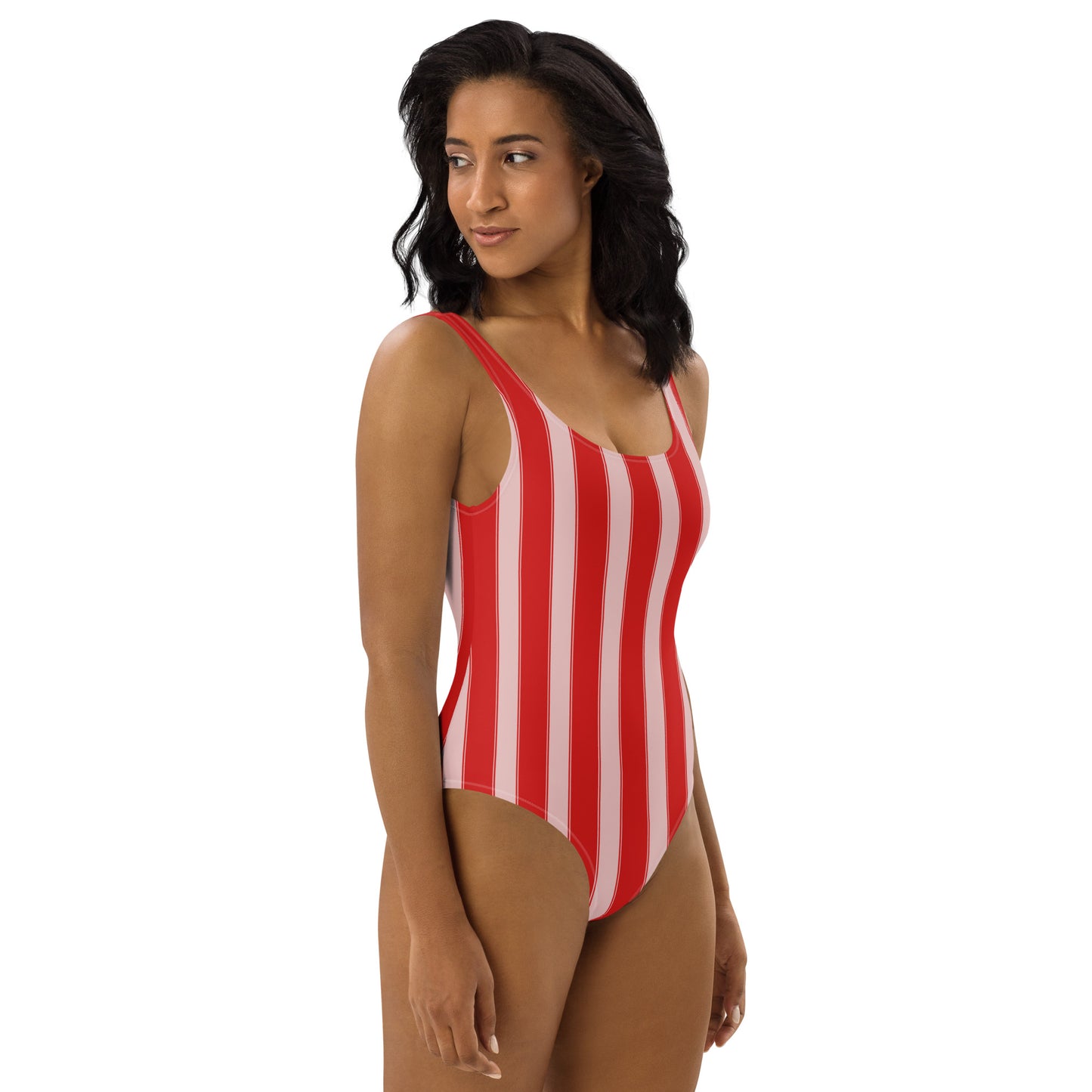 Striped One-Piece Swimsuit In PInk and Red