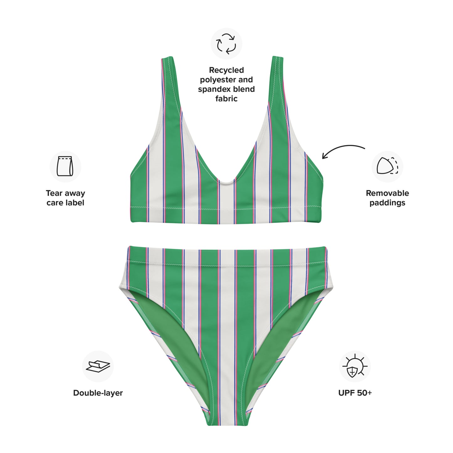 Striped Recycled high-waisted bikini in Fresh Green