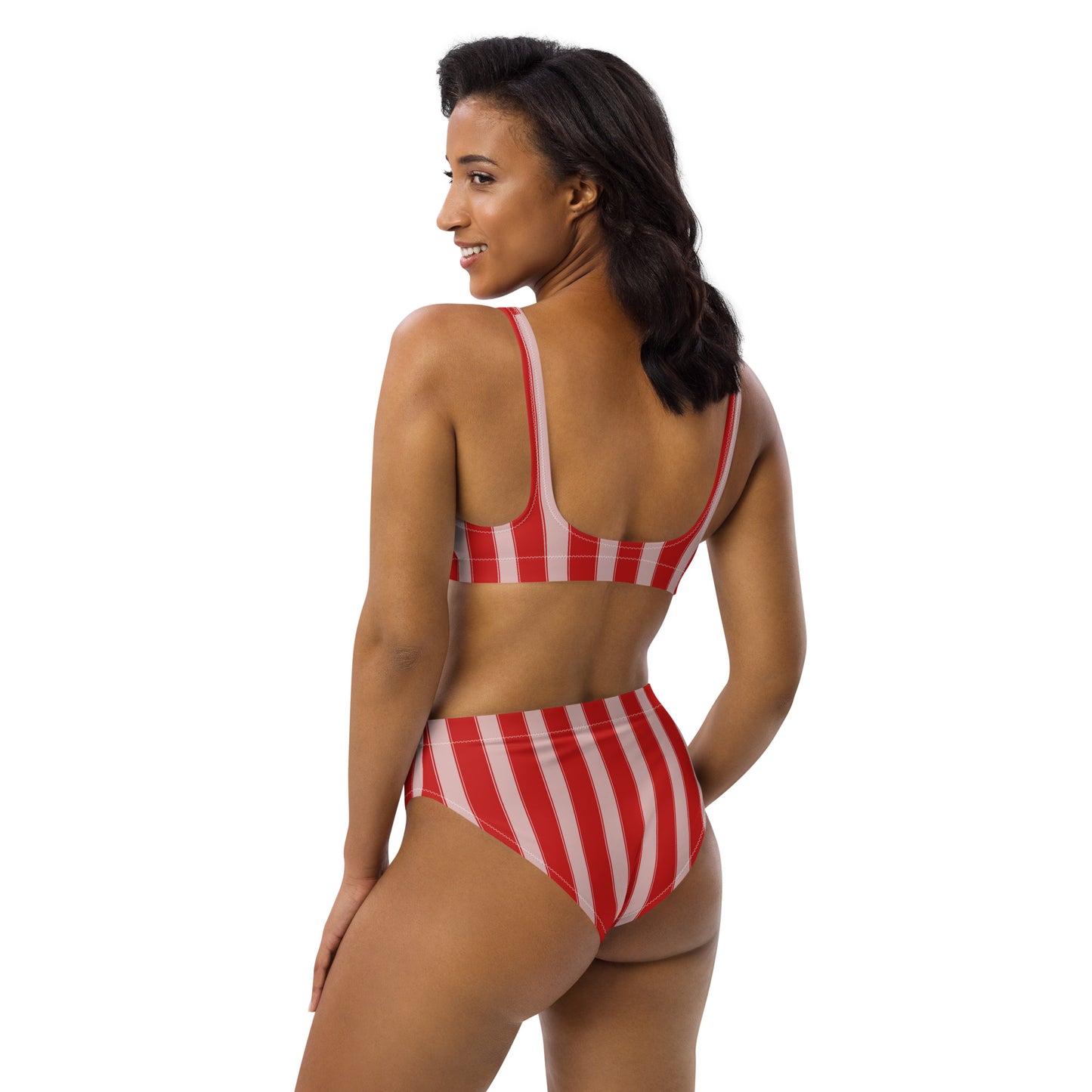Striped Recycled high-waisted Bikini in Pink and Red
