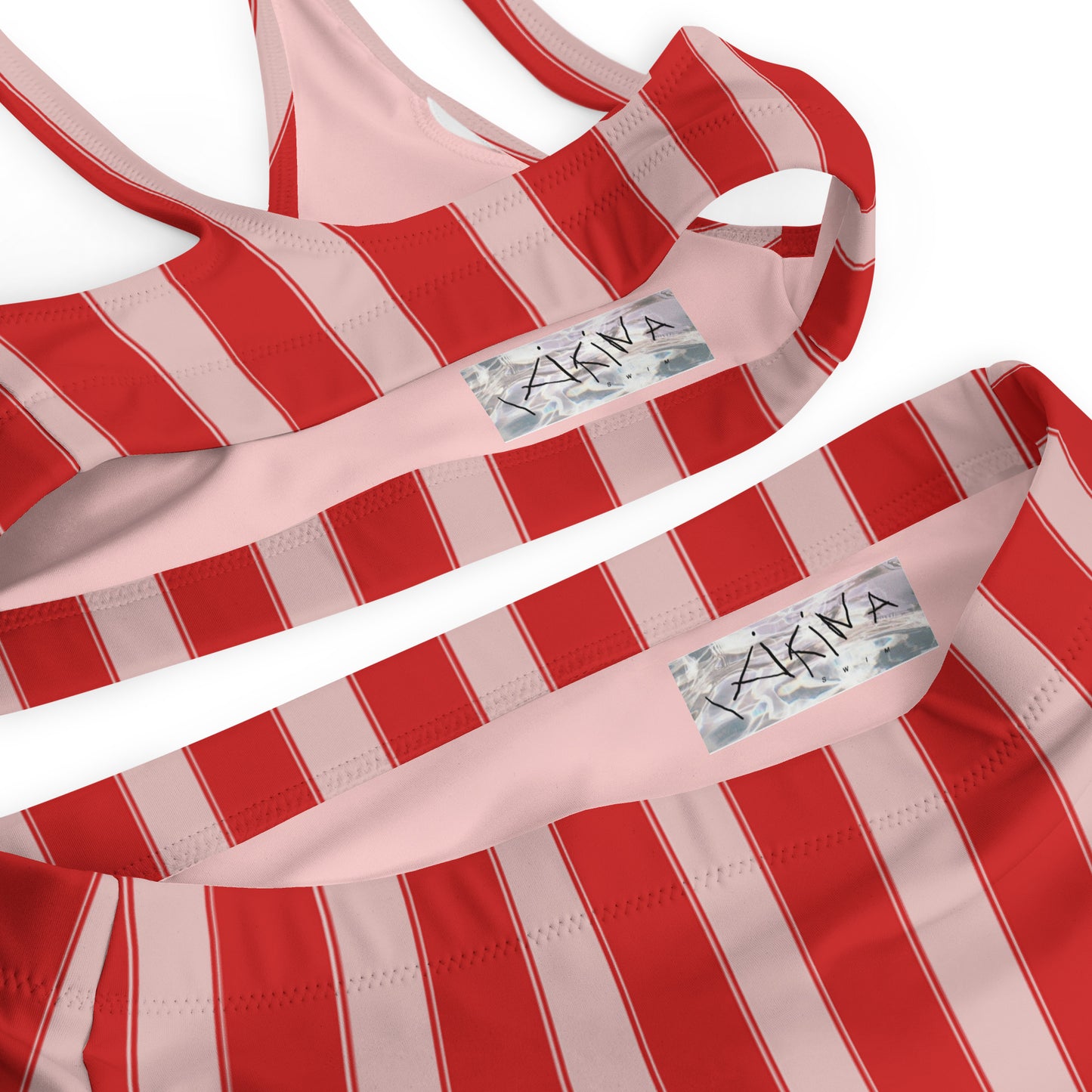 Striped Recycled high-waisted Bikini in Pink and Red