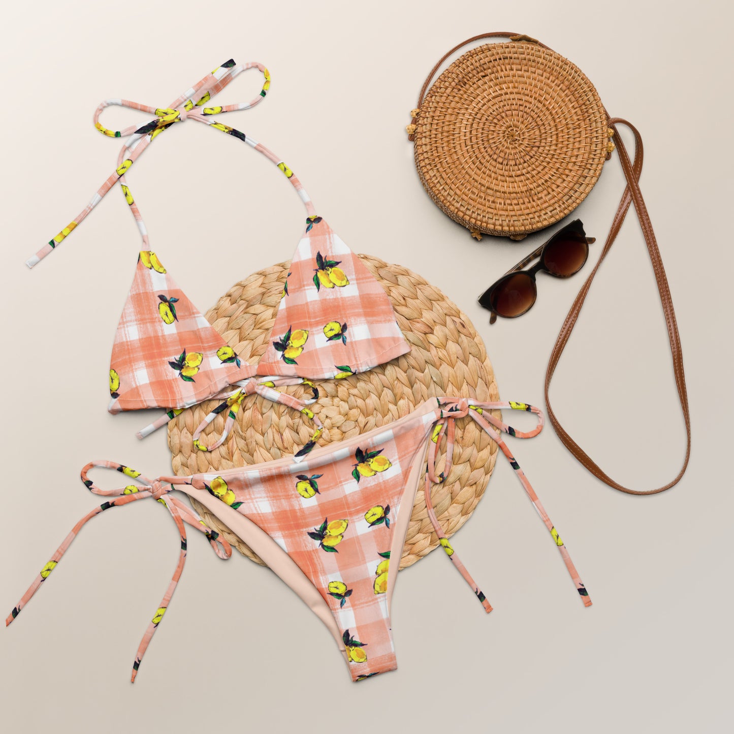 Lemon Painted Recycled String Bikini in Coral