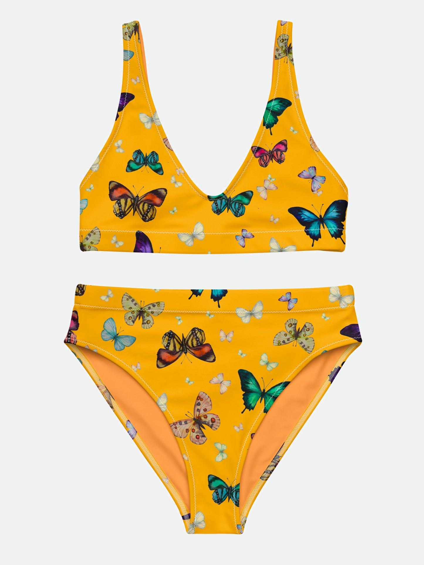 Butterflies Print Recycled High Waisted Bikini in Yellow
