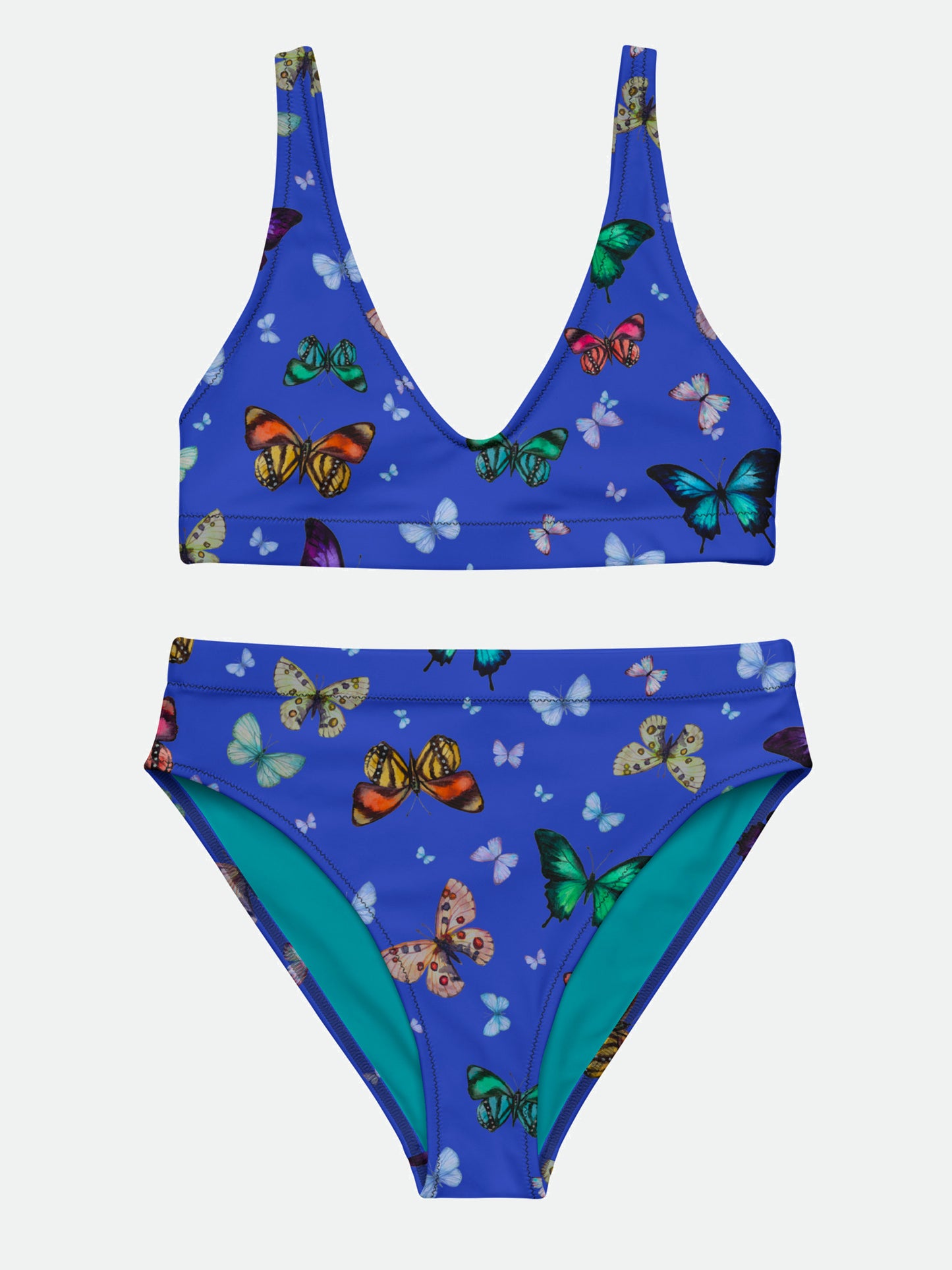 Butterflies Print Recycled High Waisted Bikini in Blue