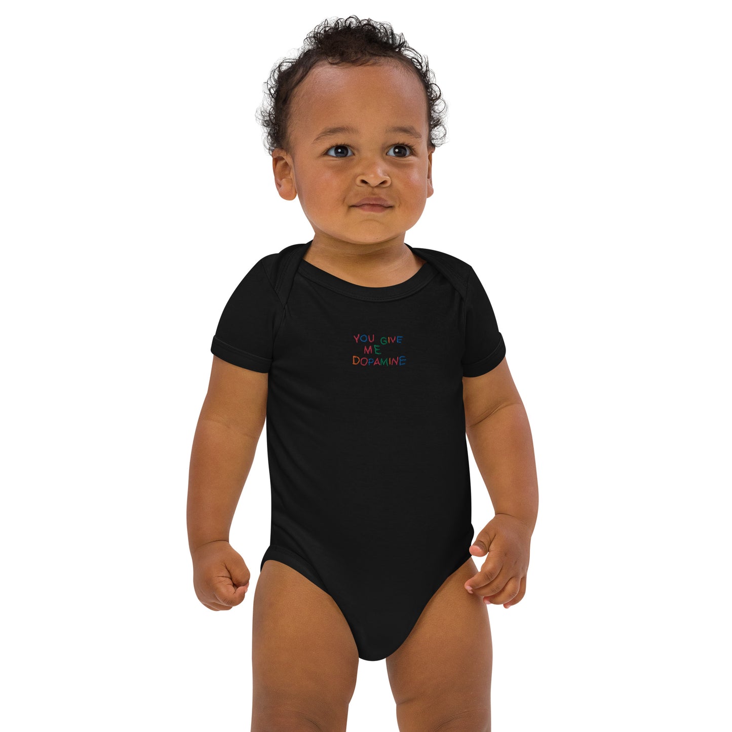 Give me Dopamine  Embroidered Slogan Organic cotton baby bodysuit