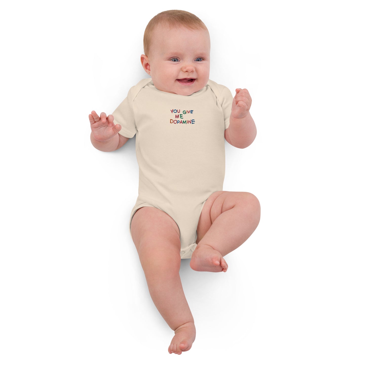 Give me Dopamine  Embroidered Slogan Organic cotton baby bodysuit