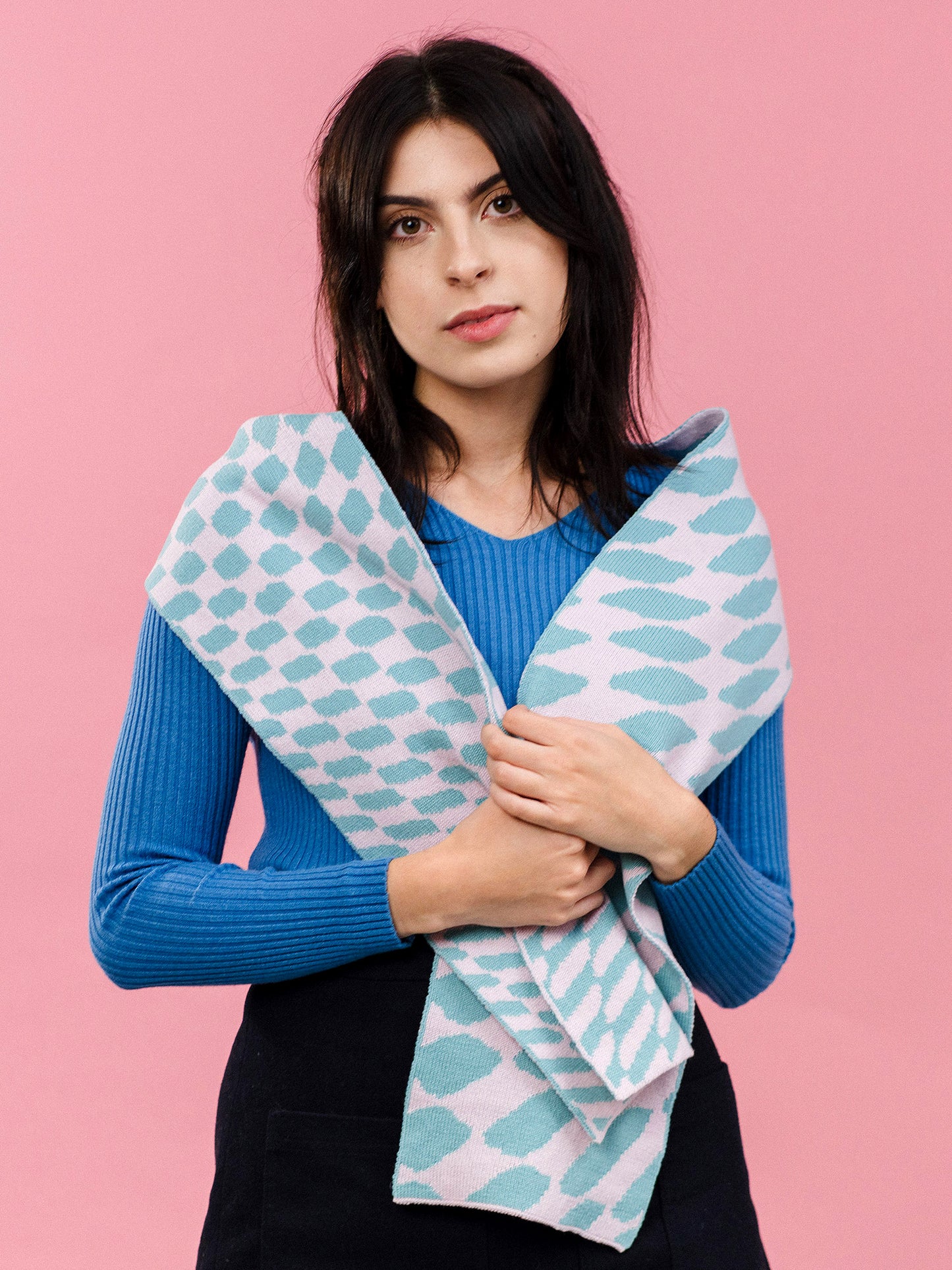 Checkered Wool and Cashmere Scarf in Blue and Pink