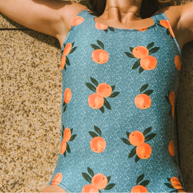 Orange Print Swimsuit in Jade Green