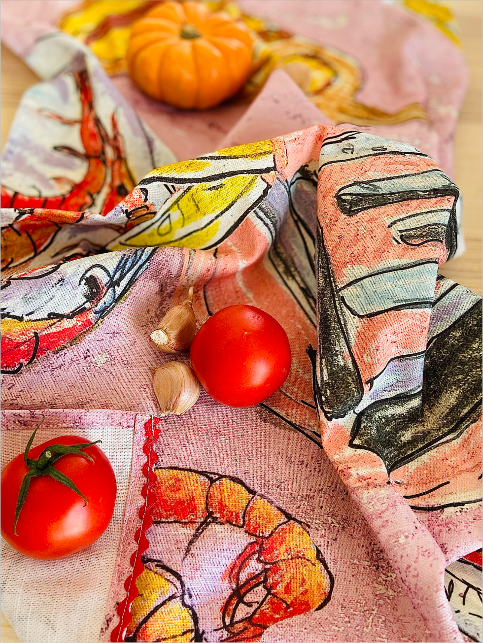 Tapas with Prawns. Dreaming of Spain. Linen Tea Towel