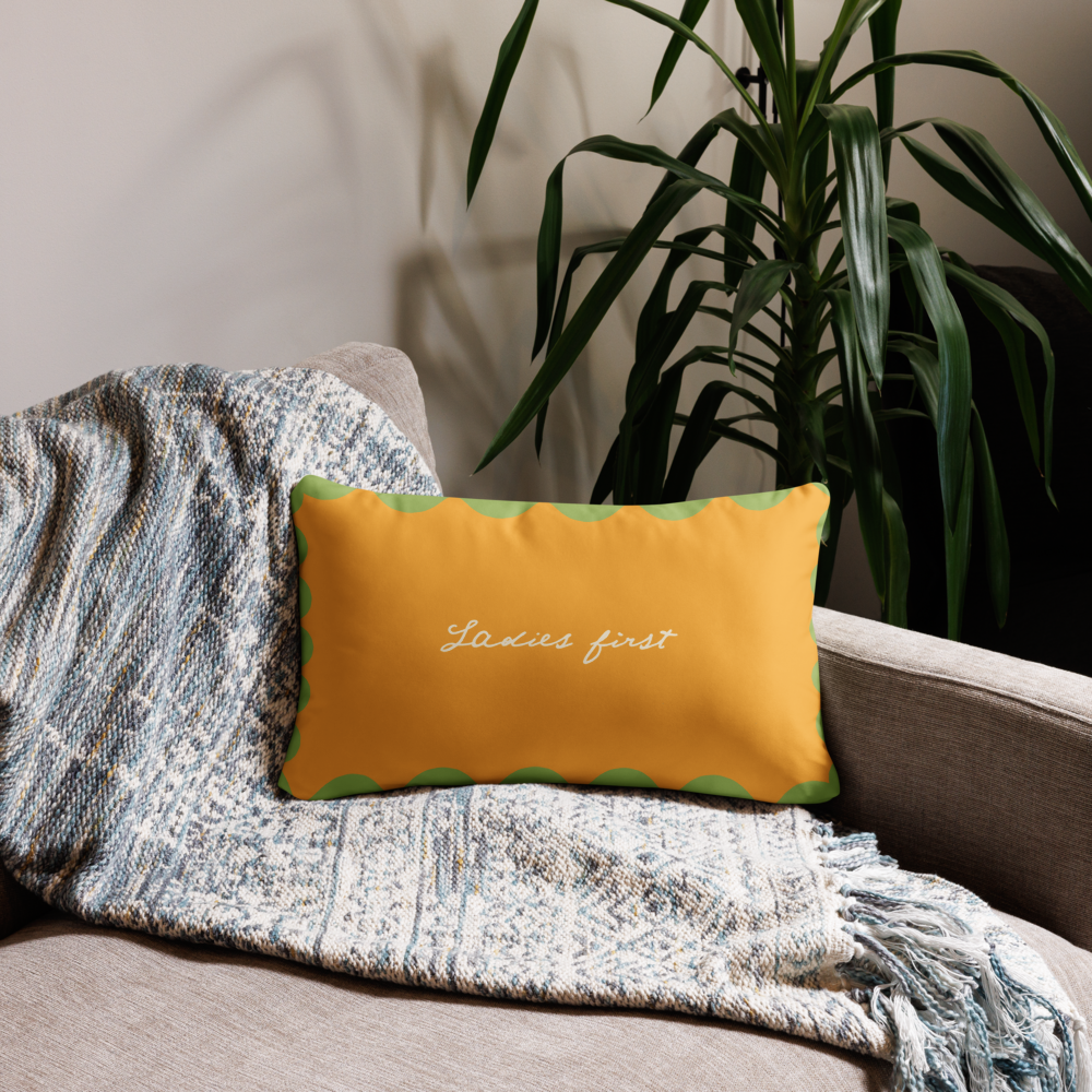 Ladies First Slogan. Reversible Textured Cushion