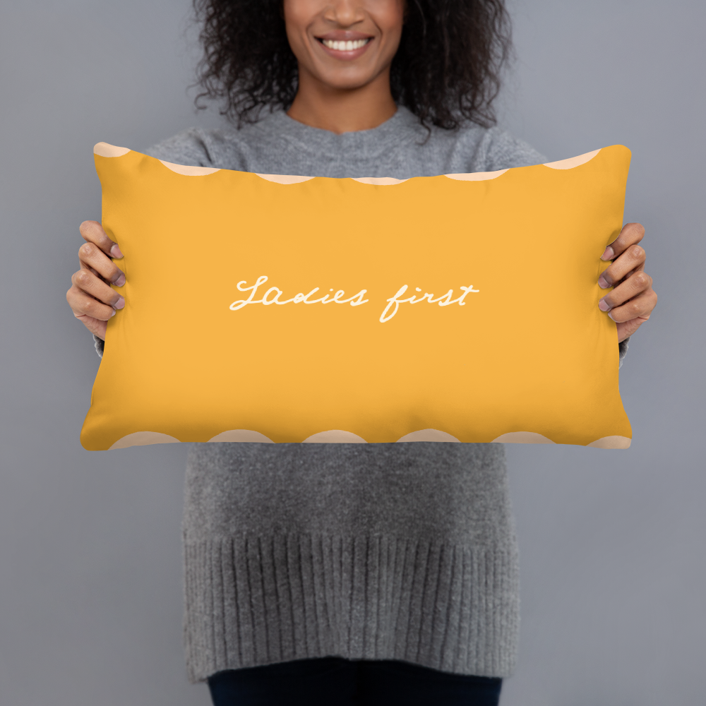 Ladies First Slogan. Reversible Textured Cushion