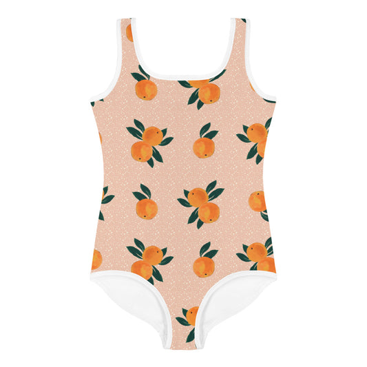 Orange Printed Kids Swimsuit in Peachy Pink
