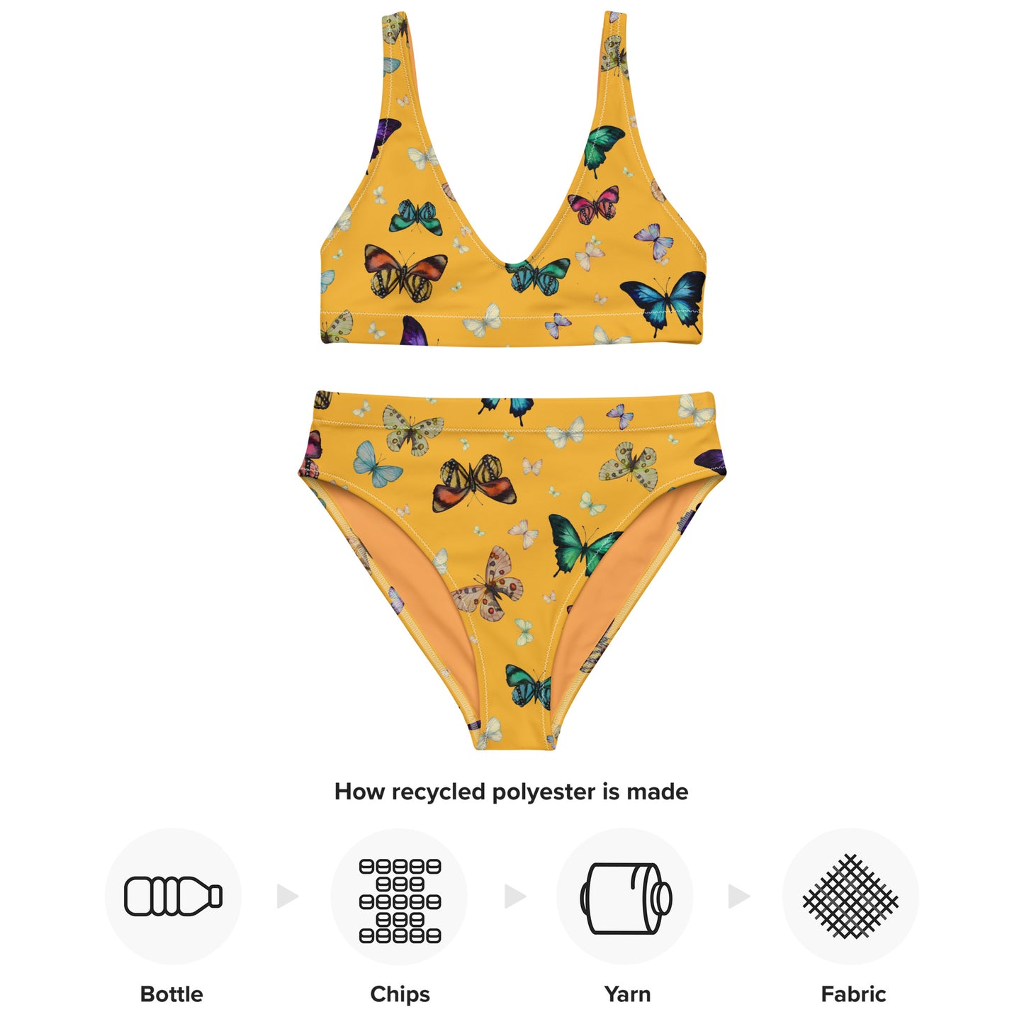 Butterflies Print Recycled High Waisted Bikini in Yellow