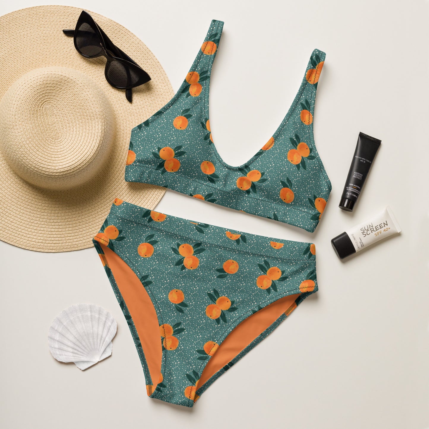 Orange Print Recycled high-waisted bikini