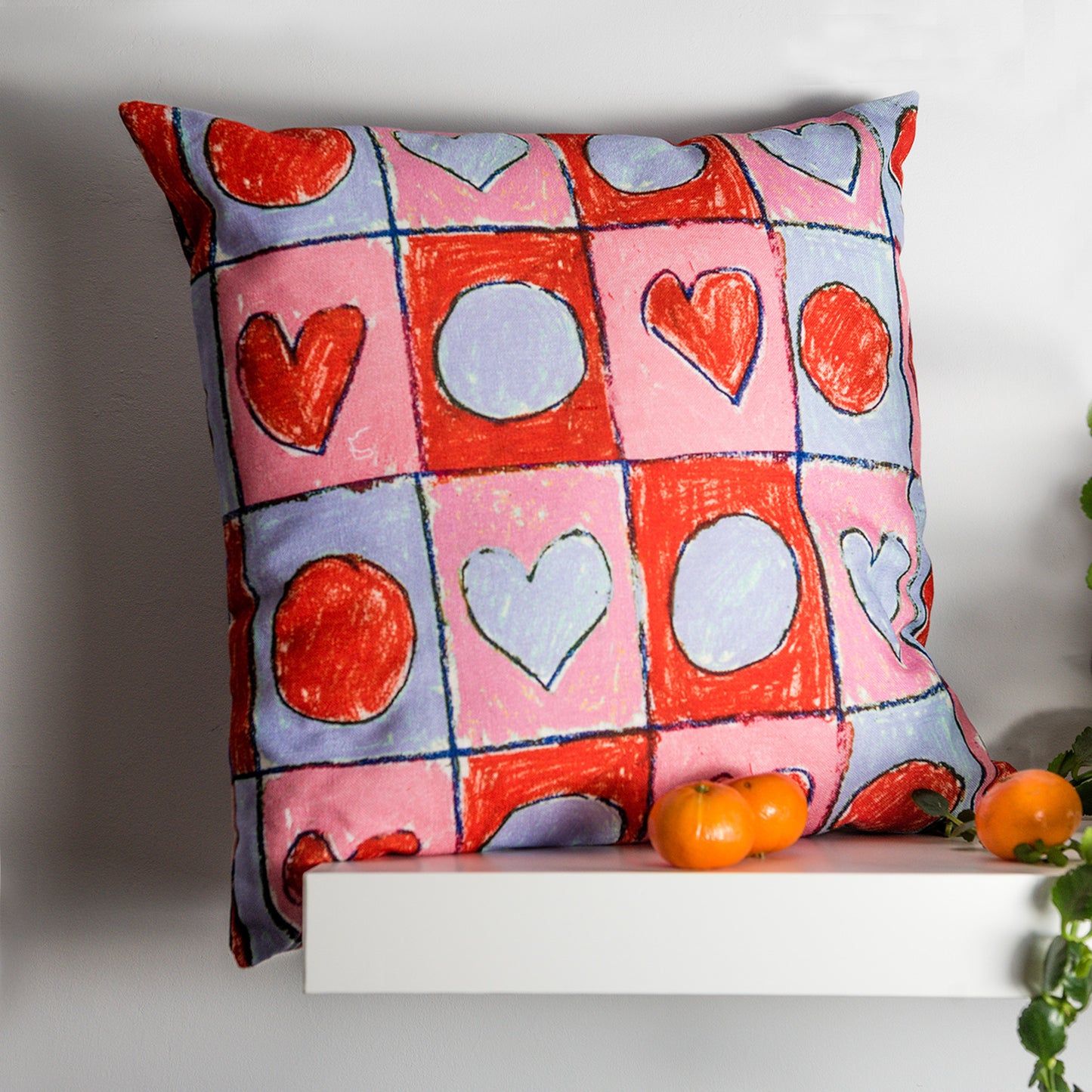 Checkered Heart & Dot Linen Look 2yk Reversible Cushion