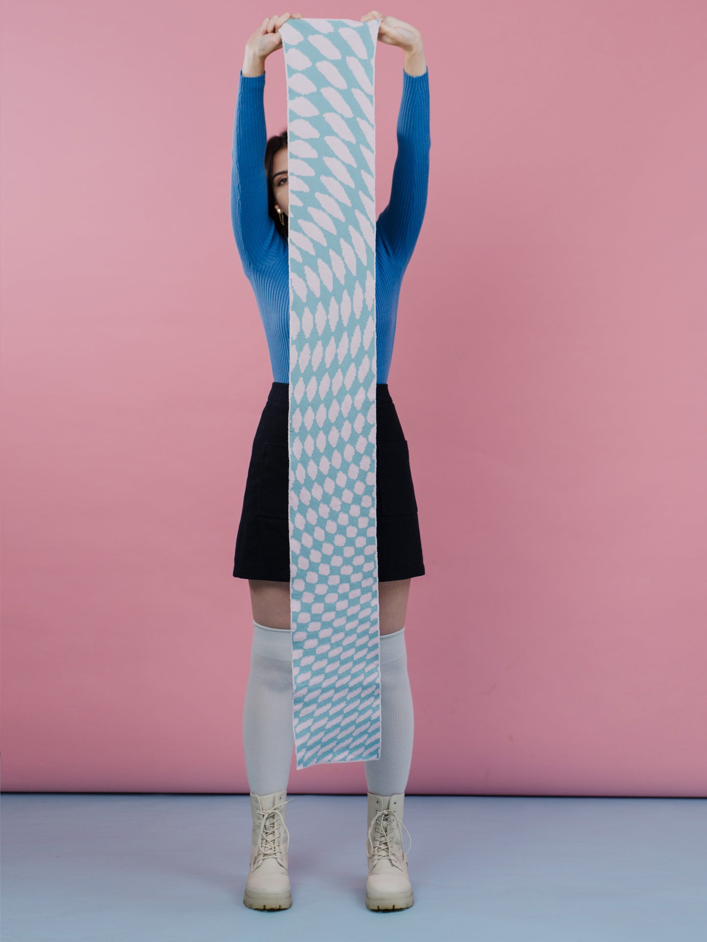 Checkered Wool and Cashmere Scarf in Blue and Pink