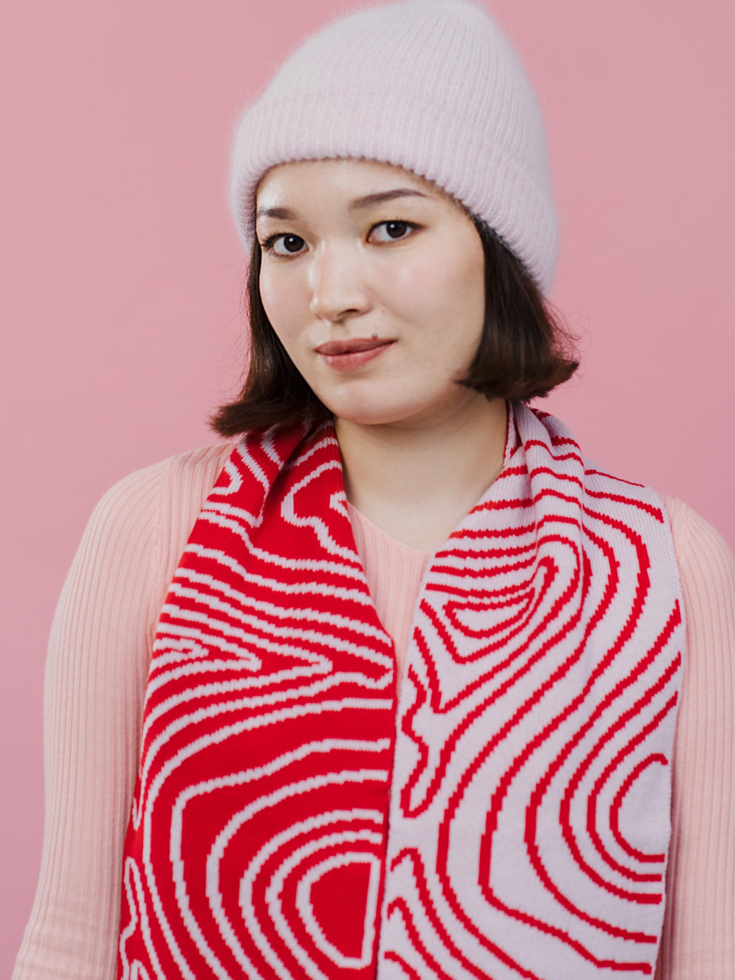 Swirly Stripe Knitted Scarf in Pink And Red