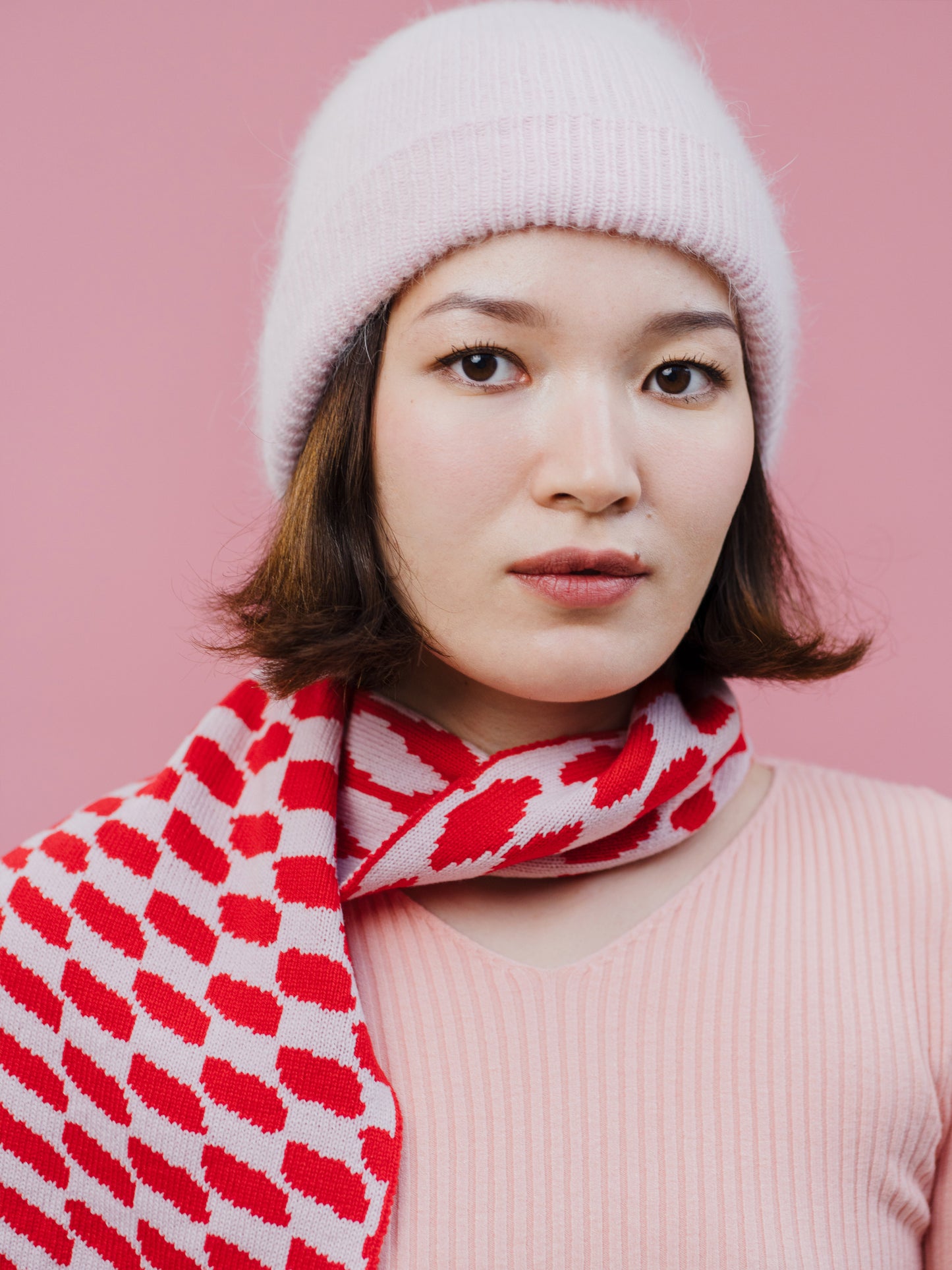 Checkered Wool and Cashmere Scarf in Blush Pink and Red